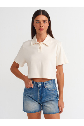 Dilvin 30961 Polo Neck Cotton T-shirt - Bone Color