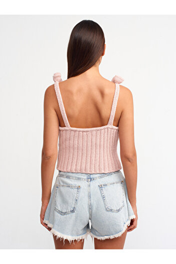 Dilvin 10524 Straped Handcrafted Flower Detailed Knitwear Top-Powder