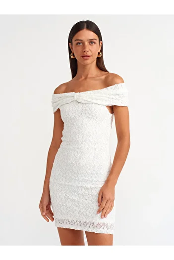 Dilvin 91105 Mini Ecru Off-the-Shoulder Dress