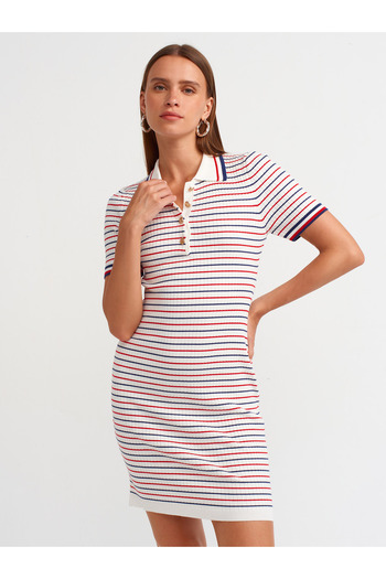 Dilvin 90218 Ecru Polo Collar Striped Knitwear Dress