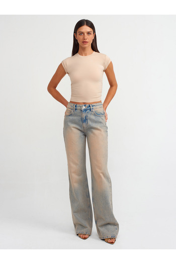 Dilvin 71473 Pantaloni largi din denim cu aspect murdar-Tint