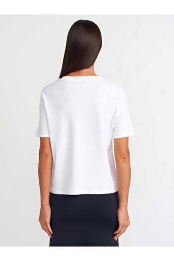 Dilvin 31142 Βαμβακερό μπλουζάκι Crew Neck-Λευκό
