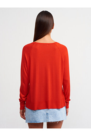 Dilvin 10536 Crew Neck Basic Thin Knitwear Sweater-Red