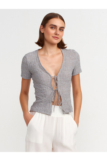Dilvin 31224 Model Gray Lace Front Tie Blouse