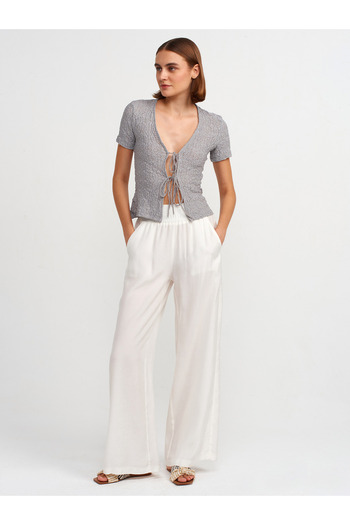 Dilvin 31224 Model Gray Lace Front Tie Blouse