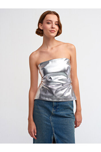 Dilvin 50246 Metallic Strapless Blouse-Silver