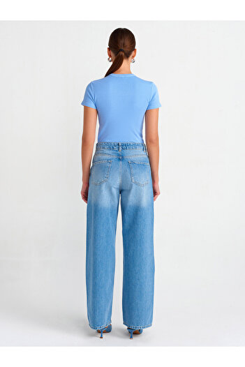 Dilvin 71472 Pantaloni drepți din denim cu croiala de buzunar-albastru