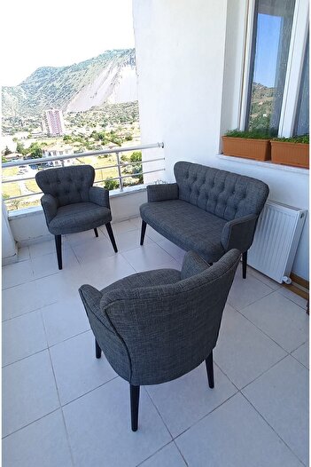 Azra Aksesuar Balkon Koltuğu-berjer-koltuk Takımı -çay Seti Koltuk-gri-keten -ofis Koltuğu -ahşap