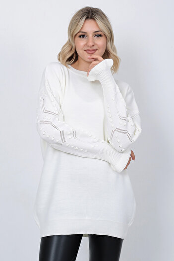 LUGMO Women's Knitwear Sweater Crew Neck Sleeve Patterned Oversize Ecru