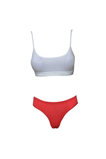 İntive Lingerie Padded Rope Strap Half Tank Top Bustier Panties Set White Red