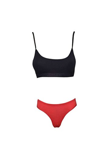 İntive Lingerie Padded Rope Strap Half Tank Top Bustier Panties Set Black Red