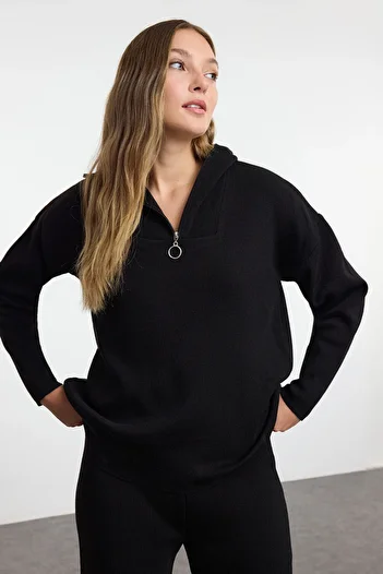 Trendyol Collection Wide Fit Zippered Black Knitwear Set - TWOAW24AU00026