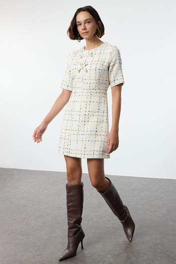 Trendyol Collection A-line Mini Tweed Dress - Ecru Check and Bow Detail Twoaw25el00186
