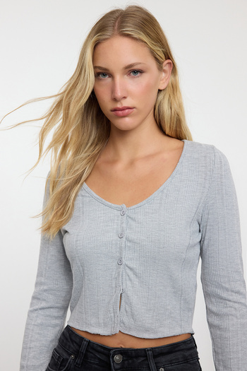 Trendyol Collection Flexible Gray Melange Pool Collar Long Sleeve Blouse - Fitted, Twoaw25bz00202