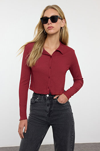 Trendyol Collection Πλεκτή μπλούζα Polo Neck Burgundy Crop - Κουμπωτό και τυλιγμένο, Εφαρμοσμένο Twoaw22Bz0241