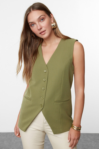 Trendyol Collection Khaki Regular V-Neck Woven Vest Twoaw25Ye00056