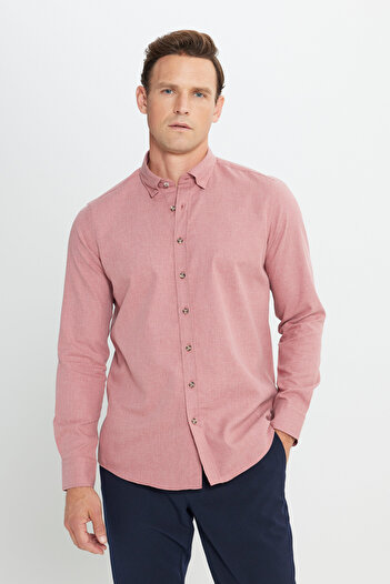 ALTINYILDIZ CLASSICS Claret Red Flannel Oxford Slim Fit Men's Shirt - Buttoned Collar, Slim Fit