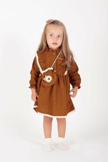 Nehirim Kids Kız Çocuk Çantalı Ve Dantelli Mevsimlik ve Kışlık Kırmızı Salopet Elbise (2-3-4-5 YAŞ)