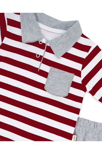 Bebelop Polo Collar Striped Single Pocket Knee Protection Baby Boy Top and Bottom Stitched Combed Cotton Set