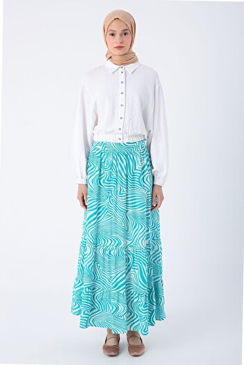 ALLDAY Green-white 100% Cotton Patterned Skirt with Elastic Waist and Ruffle Detail