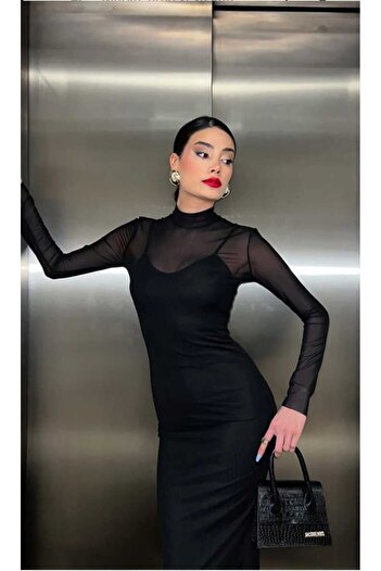 LEYLA SAĞLAM Kadın Siyah Astarlı Yarım Balıkçı Yaka Uzun Kol Tüllü Abiye Elbise