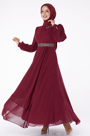 TOFİSA Burgundy Jewelled Straight High Collar Chiffon Women's Dress - 26255