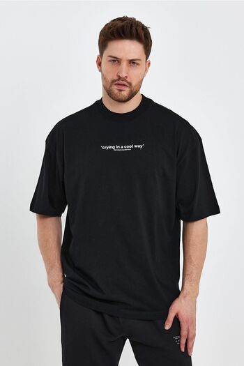 THE RULE Men's Crying Printed Oversize 100% Cotton Loose Wide Cut Crew Neck Soft Textured Black T-Shirt