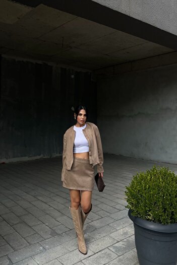 Seda Yalçın Atelier Camel Suede Jacket and Skirt Set - Double Zipper
