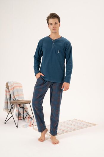 Estiva Men's Winter Buttoned Collar Checked Bottom Fleece Pajama Set
