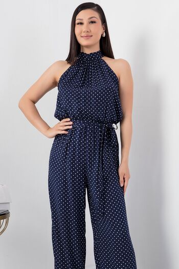 PULLIMM Belted Halter Neck Jumpsuit - Polka Dots, VRN7818