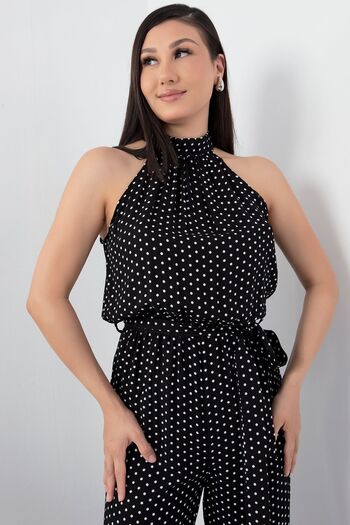 PULLIMM Belted Halter Neck Jumpsuit - Polka Dots, VRN7818