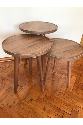 damila 3'lü Zigon Sehpa Ceviz 18mm Kalınlığında 1.sınıf Mdf Tabla 37cm Çapında Kullanıma Hazır (MONTAJLI)
