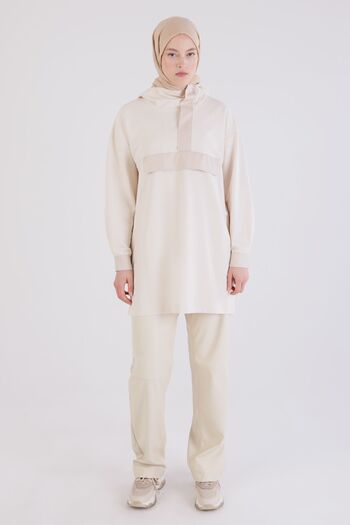 ALLDAY Ecru Leather Garnished Hooded Sweat Tunic