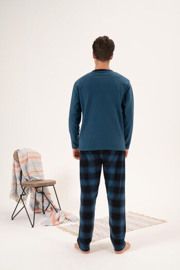 Estiva Men's Winter Fleece Pajama Set - Buttoned Collar, Checkered Bottom