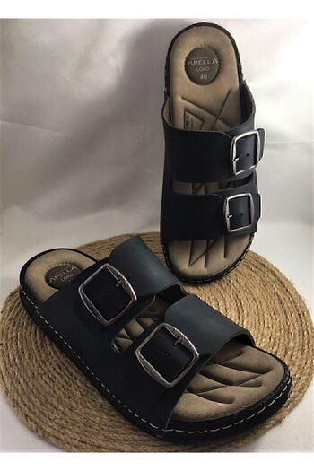 YILDIRIM AYAKKABICILIK Large Number Soft Leather Orthopedic And Light Sole Double Buckle Adjustable Men's Slippers
