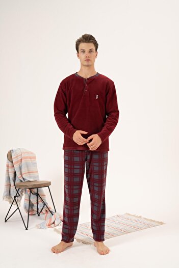 Estiva Men's Winter Buttoned Collar Checked Bottom Fleece Pajama Set