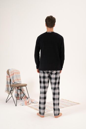 Estiva Men's Winter Fleece Pajama Set - Buttoned Collar, Checkered Bottom