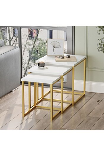 Yurudesign Voyage 3'lü Gold Metal Zigon Sehpa Beyaz Vg7-w