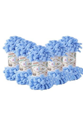 Alize 5 Pieces Baby Blue Puffy Cardigan - Hand Knitted, Thread Blanket, Slippers and Mop Yarn 342
