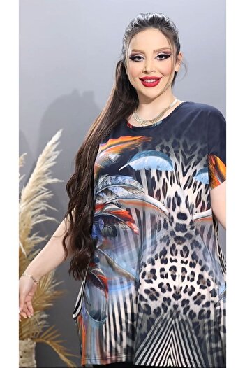 HÜLYA BUTİK Plus Size Feather Patterned Slit Blouse