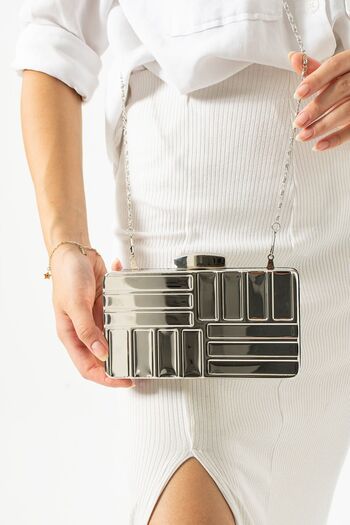 By EDUU Asymmetric Striped Silver Evening Baguette - Shoulder Chain Women's Bag