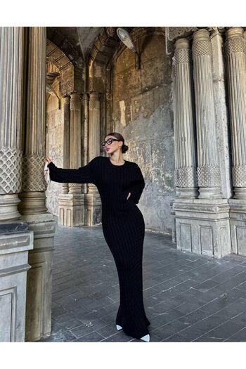 Askı Nişantaşı Crew Neck Black Hair Braided Knitwear Dress 101-01382