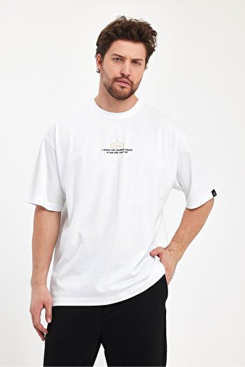 THE RULE Ανδρικό I Swear Printed Oversize 100% βαμβακερό φαρδύ φαρδύ λαιμόκοψη με απαλή υφή λευκό μπλουζάκι