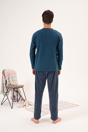 Estiva Men's Winter Buttoned Collar Checked Bottom Fleece Pajama Set