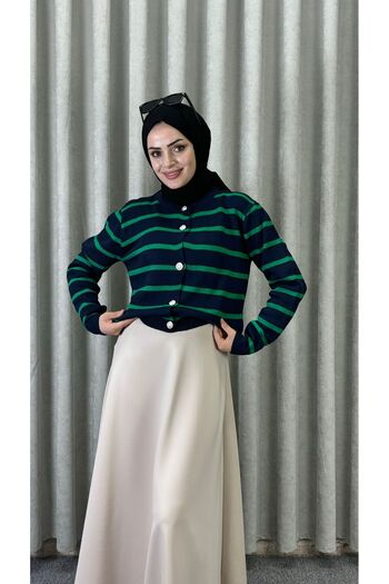 modasusev Striped Knitwear Hijab Cardigan - Button Detailed