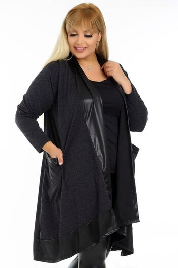 Kheos Cape Style Leather Detailed Flexible Flowy Long Cozy Cardigan
