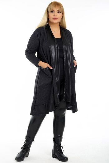 Kheos Cape Style Leather Detailed Flexible Flowy Long Cozy Cardigan