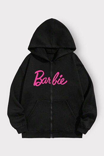 Mythologie Barbie Kalın Hırka - Siyah Baskılı Kışlık Oversize Kapüşonlu Fermuarlı Cepli Hırka