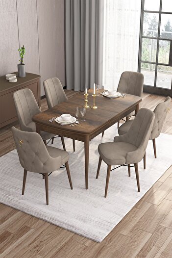 Canisa Concept Are Serisi 80x132 Açılabilir Mdf Barok Ahşap Desen Masa Takımı 6 Cappucino Sandalye Gold Halkalı