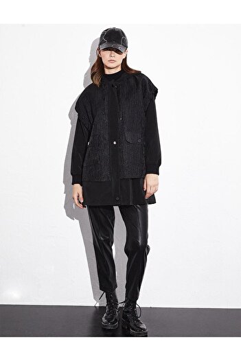Kayra Shirred Sleeves Layered Hooded Jacket Black